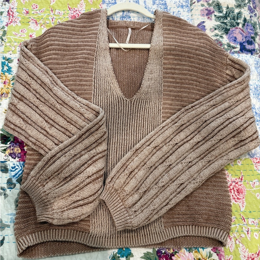 Free People When It Rains V-Neck Cable Sleeve Sweater
